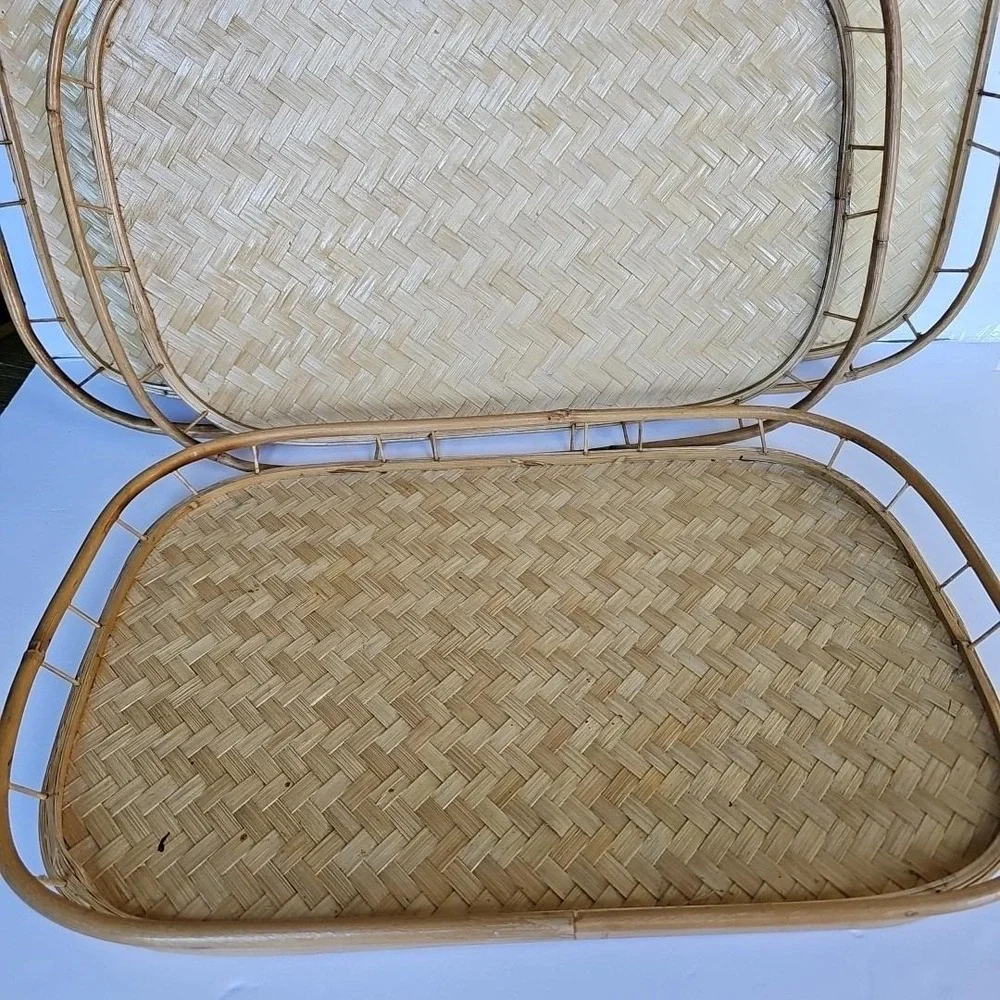 Vtg MCM Bamboo Wicker Lap Trays Tiki Bar Serving Tray Set of 5 Boho Shabby 1677